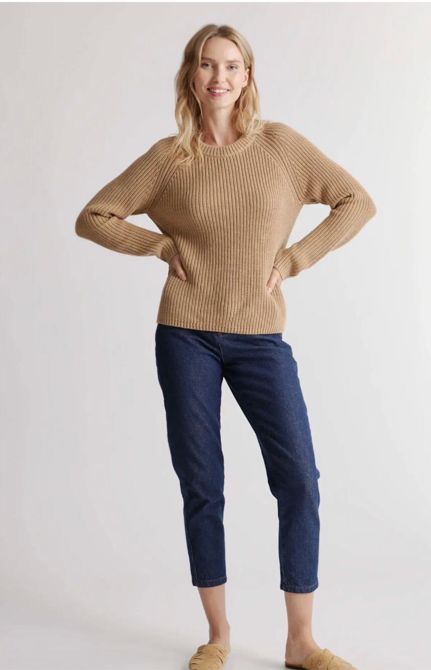 Quince 100% Organic Cotton Fisherman Crew Sweater Women's Large Camel
